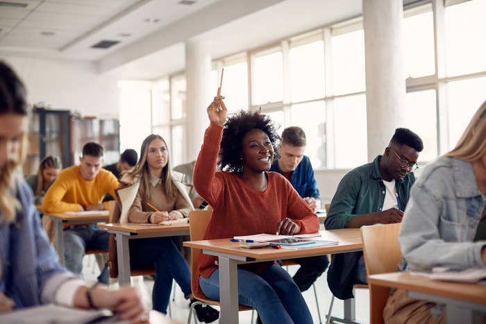 Two Black students among other students in a classroom during a lecture