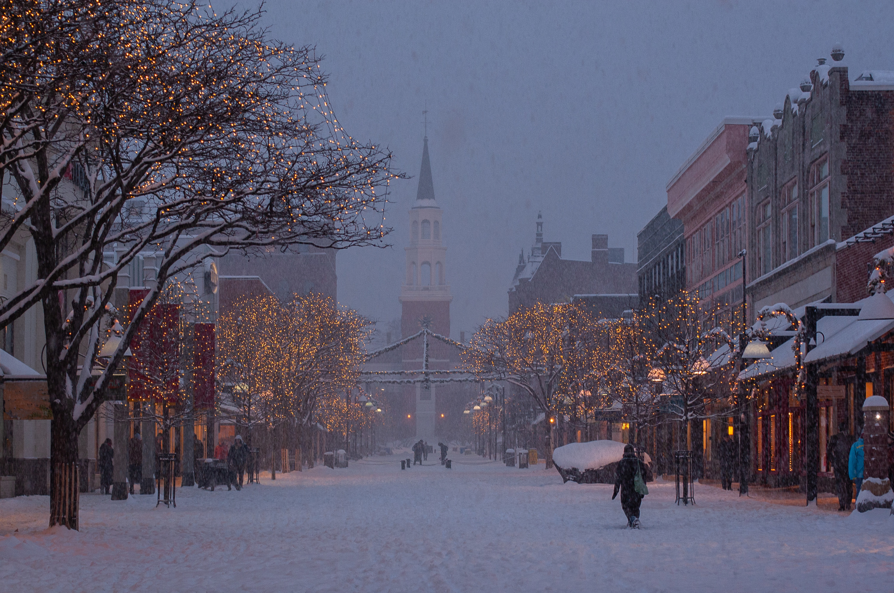 Evening snowfall in downtown Burlington, Vermont.