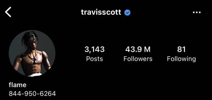 A screenshot of Travis Scott&#x27;s Instagram with the phone number 844-950-6464