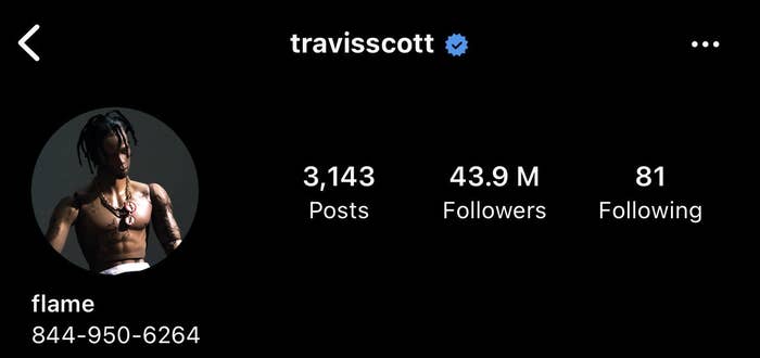 A screenshot of Travis Scott's Instagram with the phone number 844-950-6464