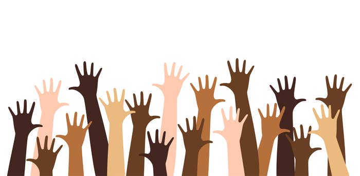 An illustration of hands raised from people of different racial backgrounds