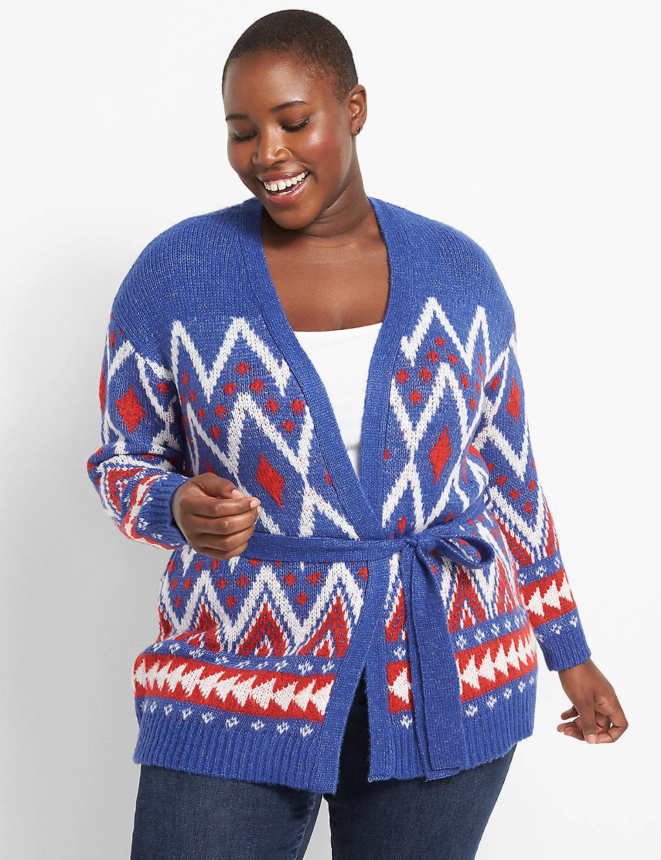 model wearing blue patterned wrap sweater