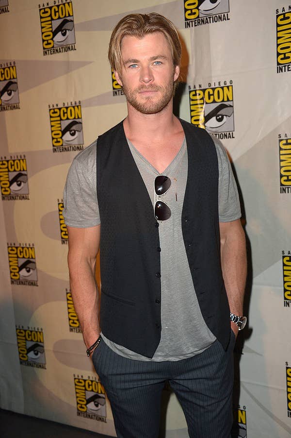 Chris in a t-shirt and a vest at comic con sexiest man alive