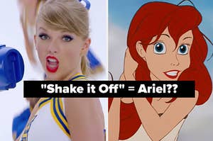 A close up of Taylor Swift as she wears a brightly colored cheerleader uniform and a close up of Princess Ariel as she pulls her hair over one shoulder