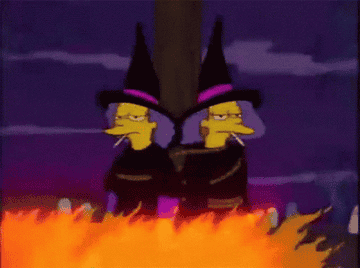 Marge&#x27;s sisters smoking as they&#x27;re burned at the stake in witch hats in the simpsons