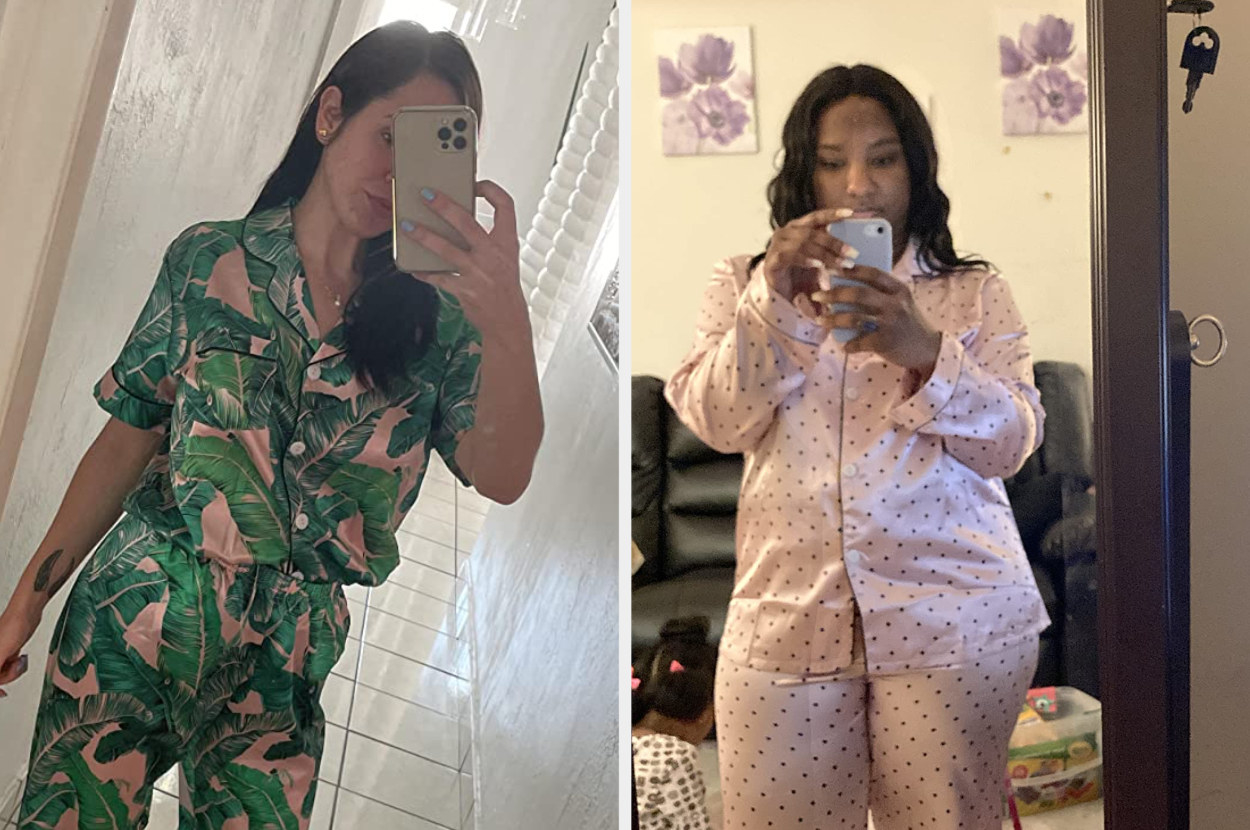 two reviewers wearing different styles of the pajamas. The first image (Amanda F.) is wearing the pink and green leaves short-sleeve set. The second image (Asia Kyle) is where the long-sleeve pink polka dot set