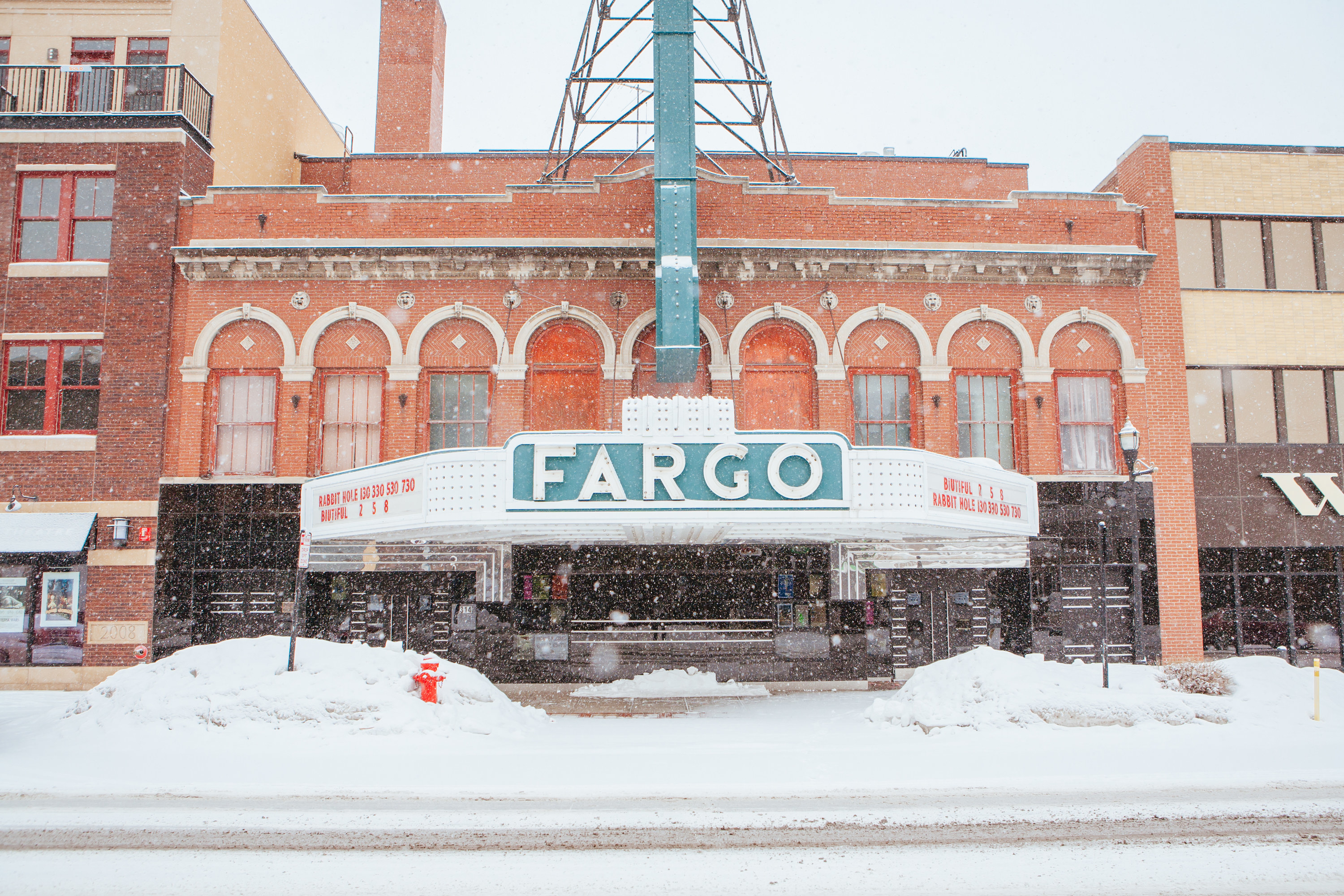 Fargo theater during a snow storm