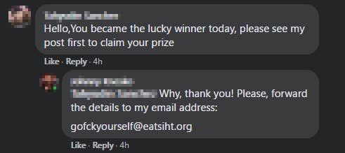 scammer being told to email gofuckyourself at eat shit dot org