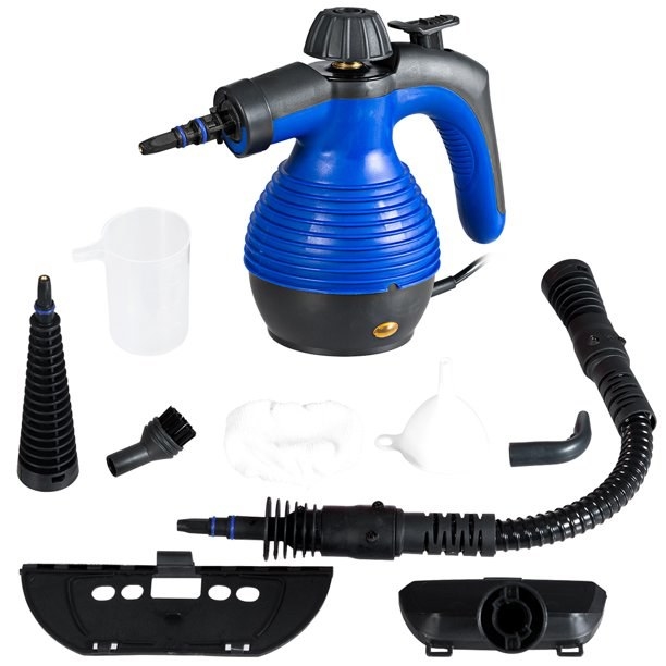 product image of the blue steamer and all the attachments