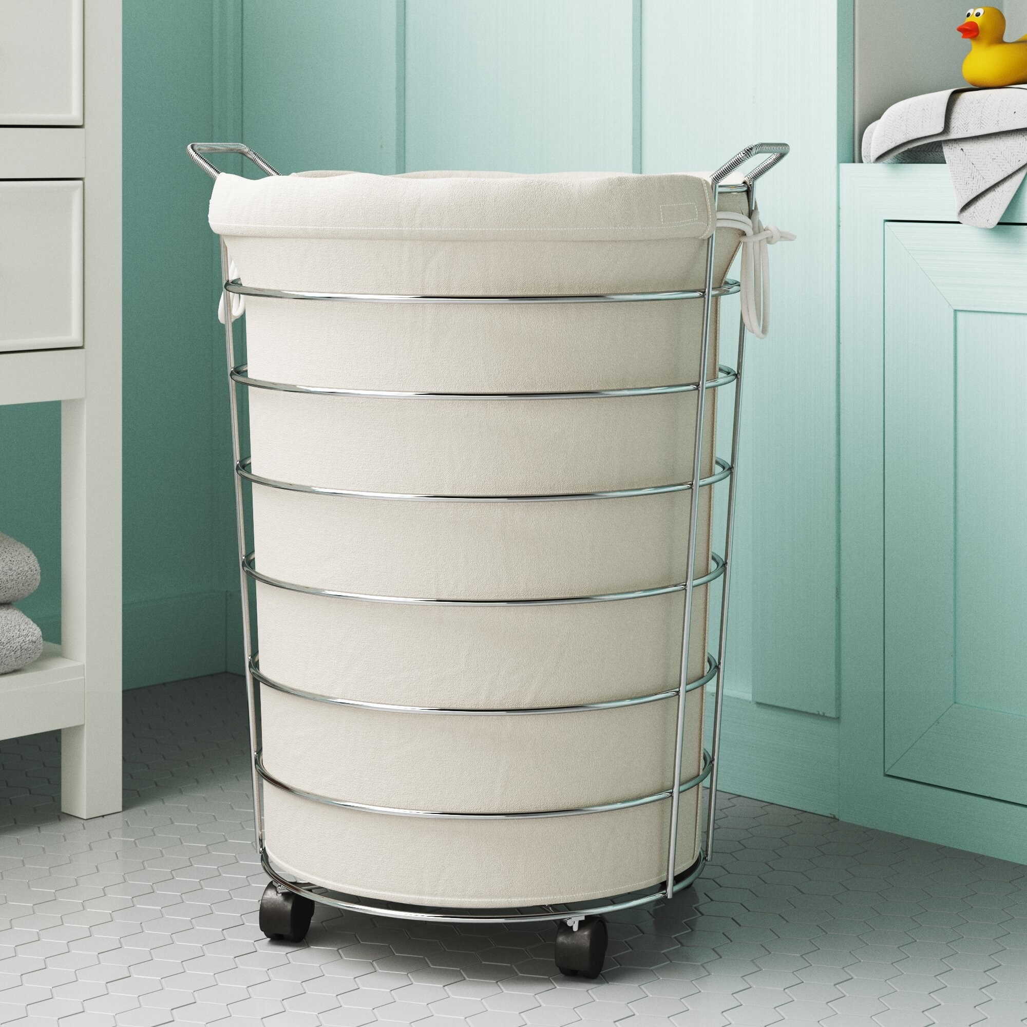 The rolling laundry hamper in a bathroom