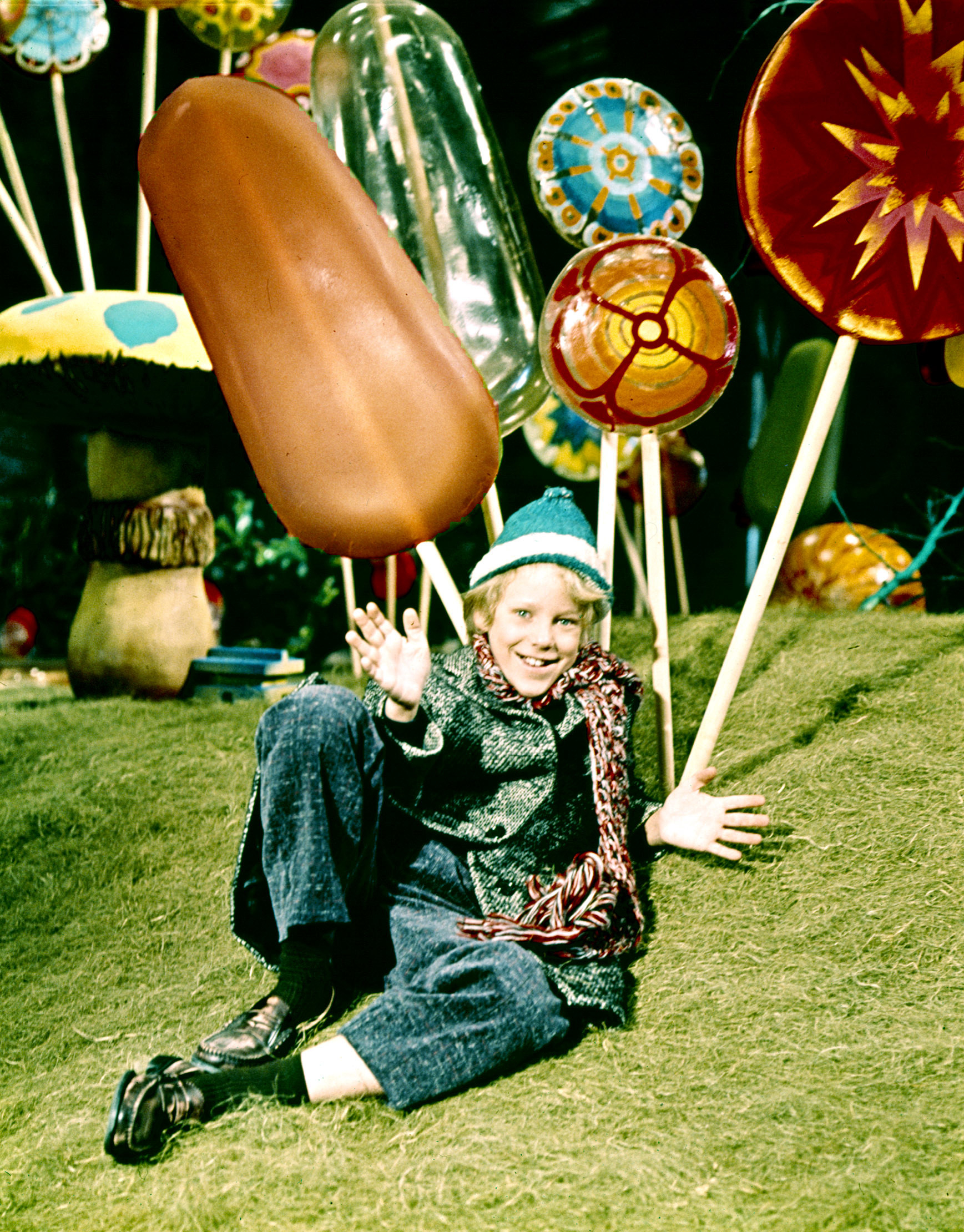 Charlie Bucket in the candy wonderland in the chocolate factory
