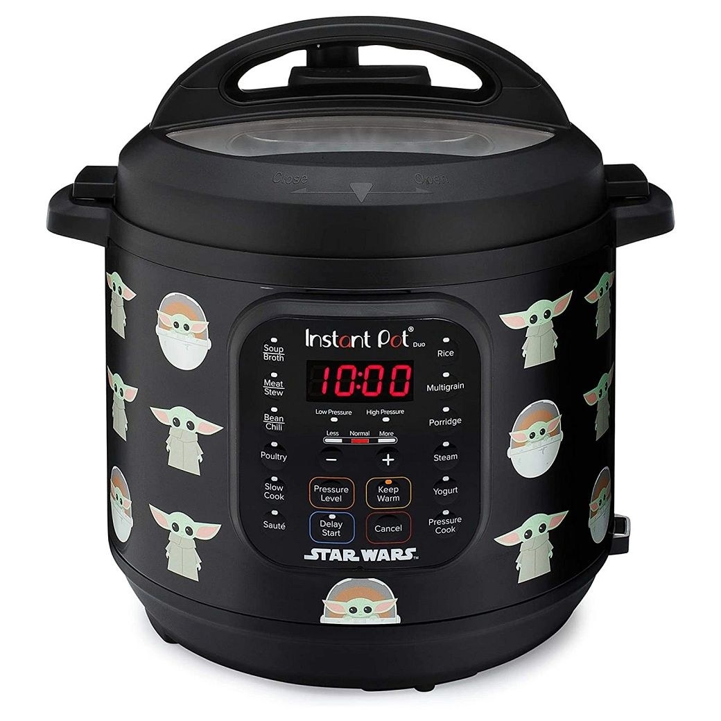 a black instant pot with baby yoda all over it