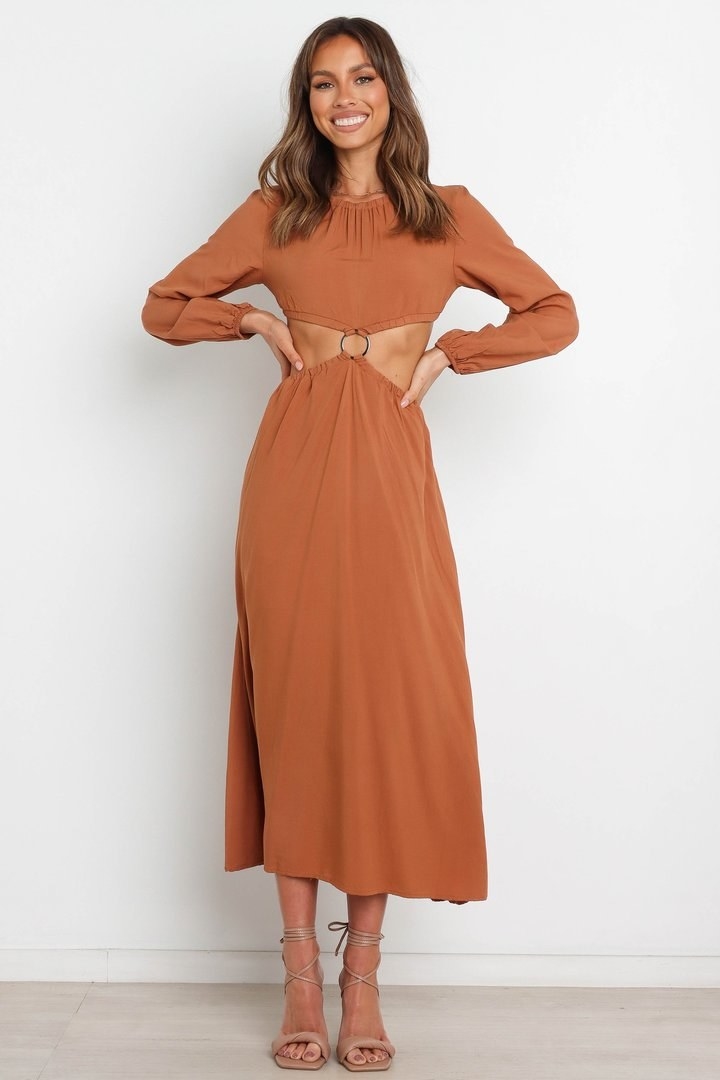 The a-line dress in a light brown