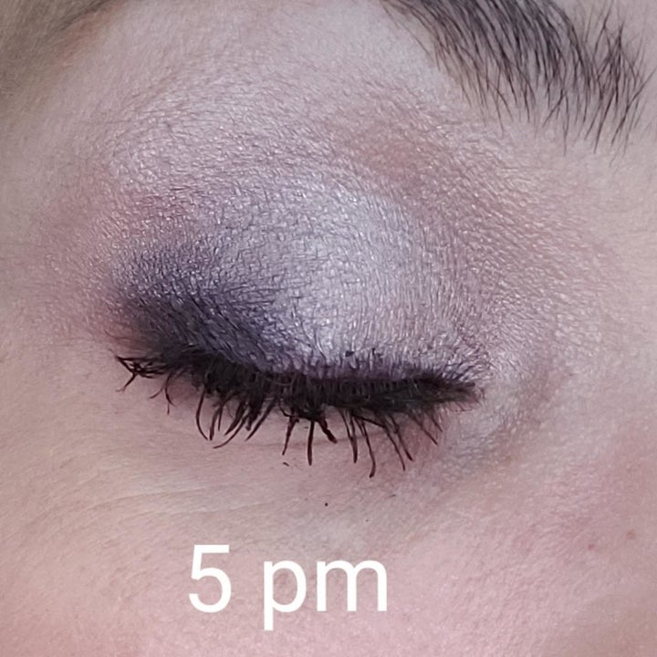 the same reviewer with the eyeshadow still on labeled "5 pm"