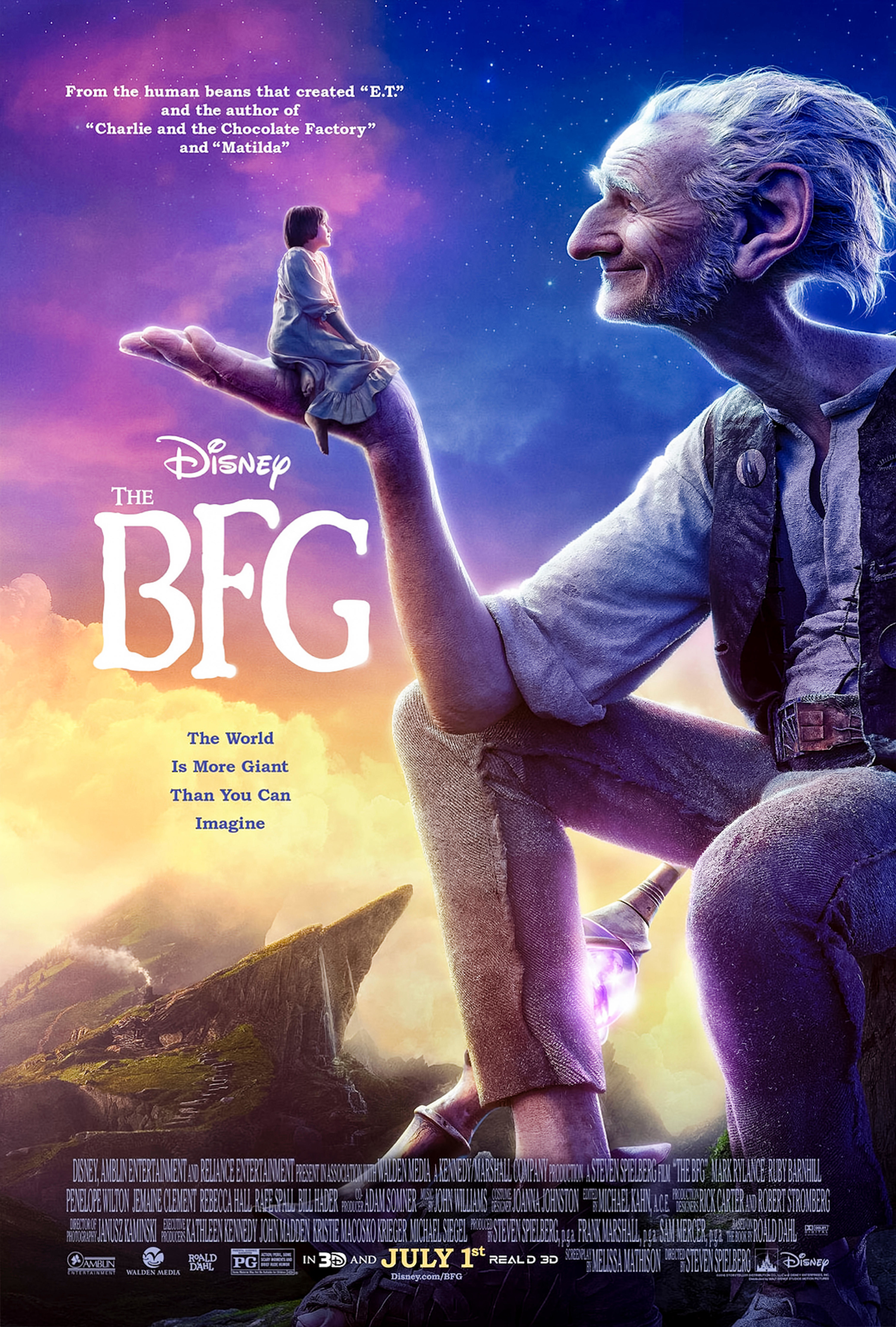 The BFG (2016) directed by Steven Spielberg and starring Mark Rylance, Ruby Barnhill and Penelope Wilton. An orphaned girl Sophie and the Big Friendly Giant and Sophie set out on an adventure in Giant Country and stop the bad giants entering our world.