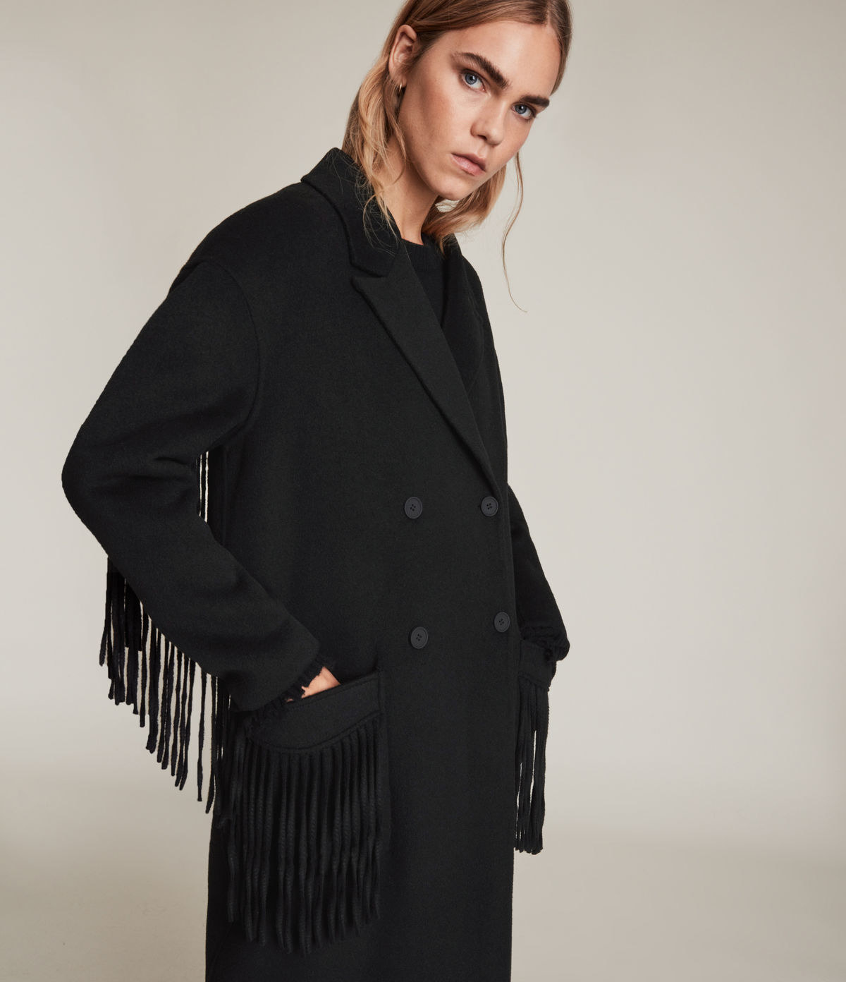 The black midi coat with double breasted buttons