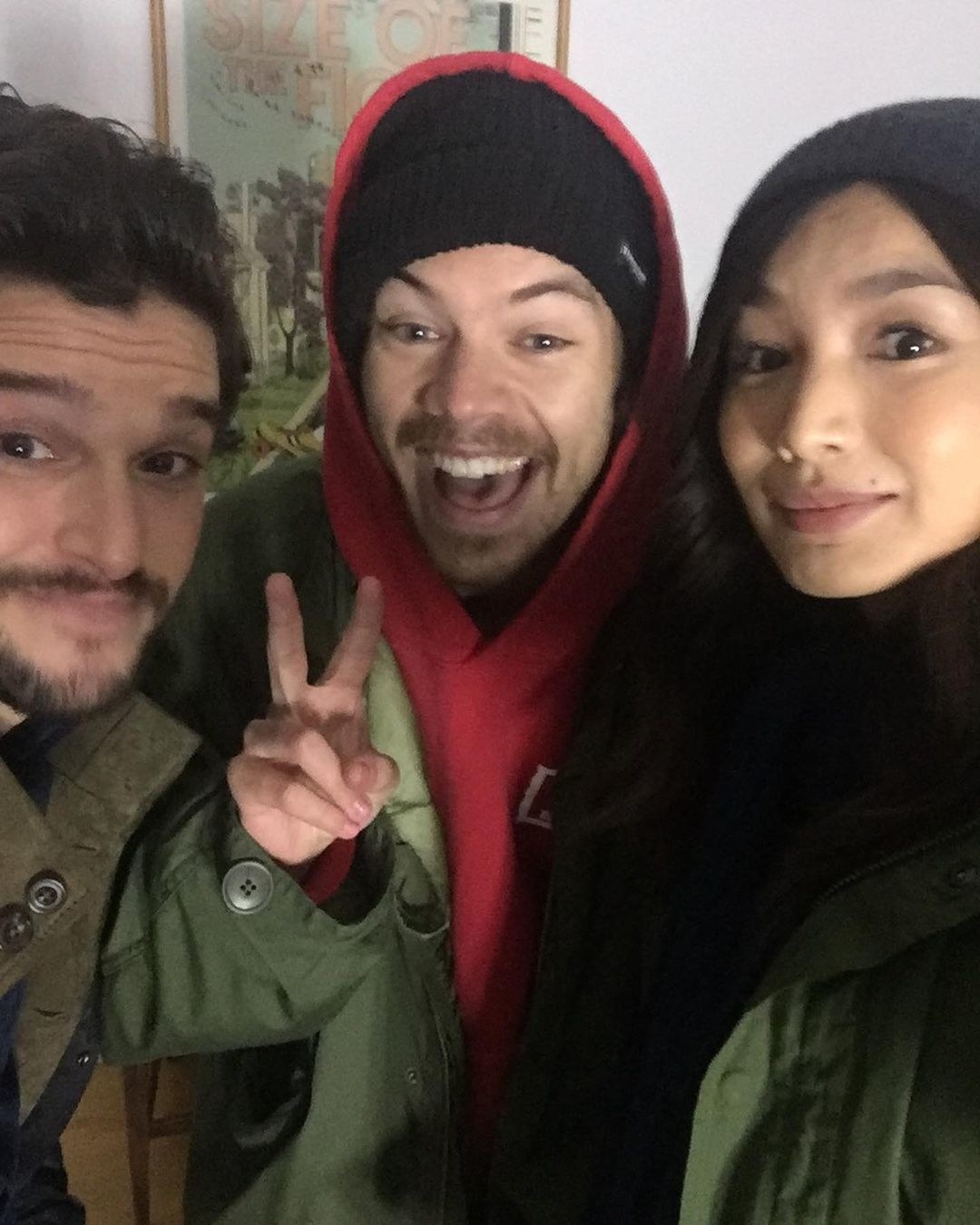A selfie of Kit Harington, Harry Styles, and Gemma Chan