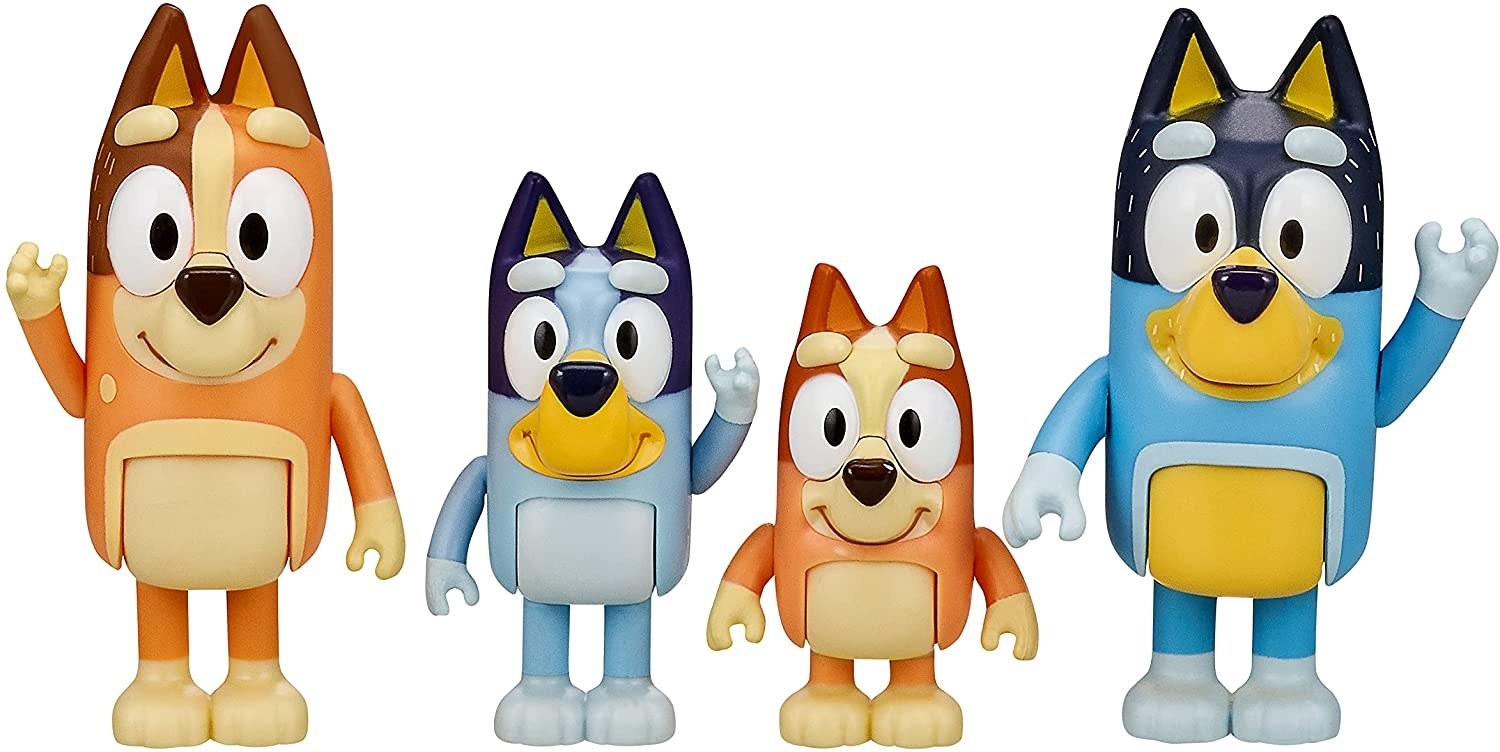 Bluey, her little sister, Bingo, and their Mom and Dad, Chilli and Bandit figures