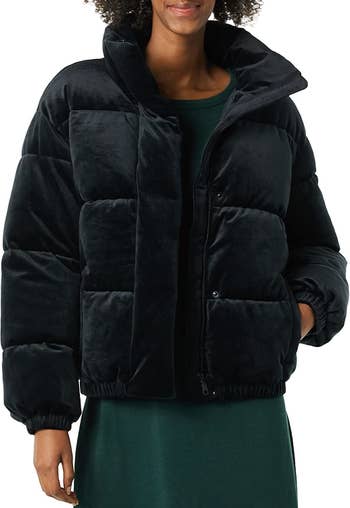 A model in the high-collar zip-up jacket in black velvet