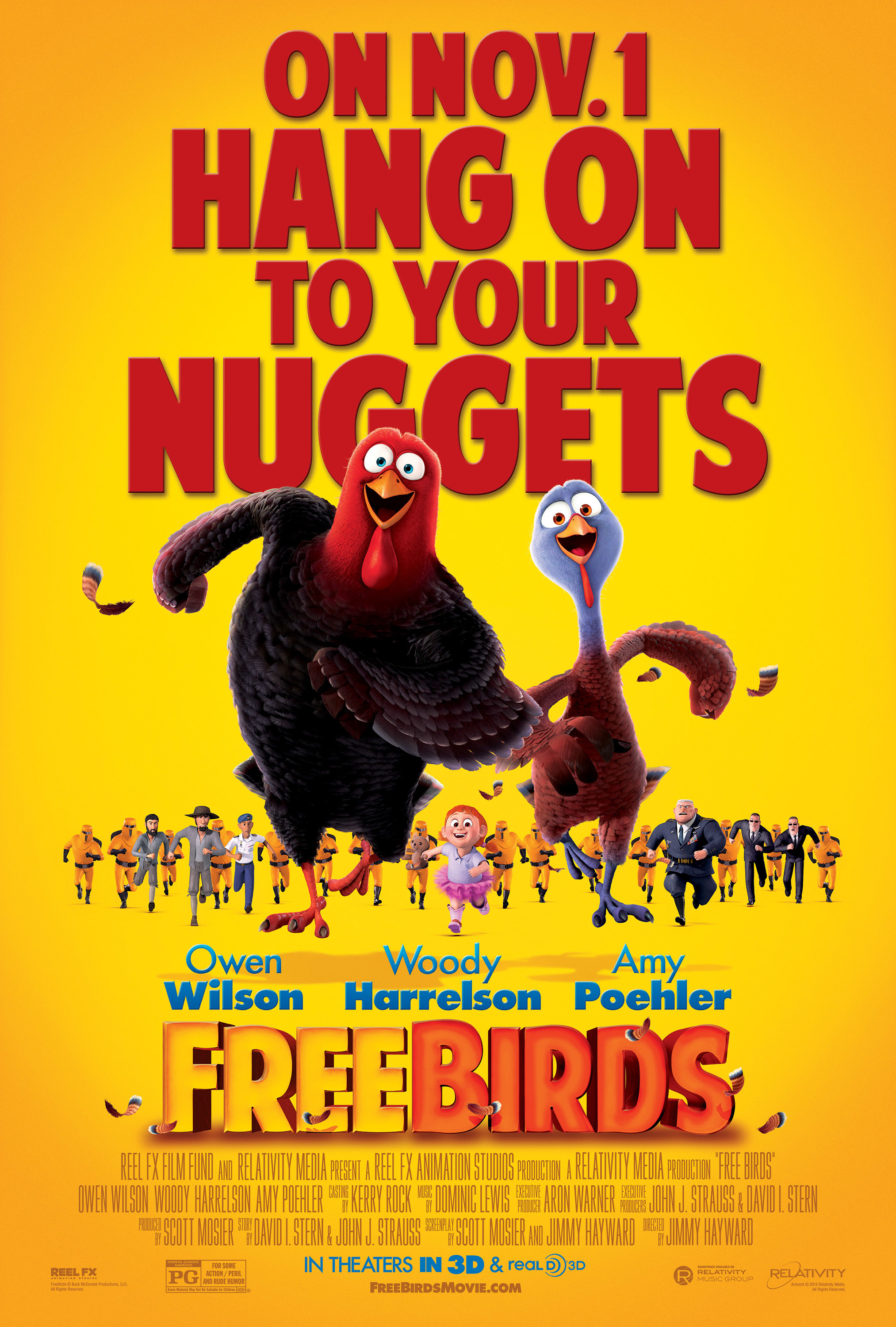 Movie poster for Free Birds; shows animated turkeys with tagline &quot;Hang on to your nuggets&quot;