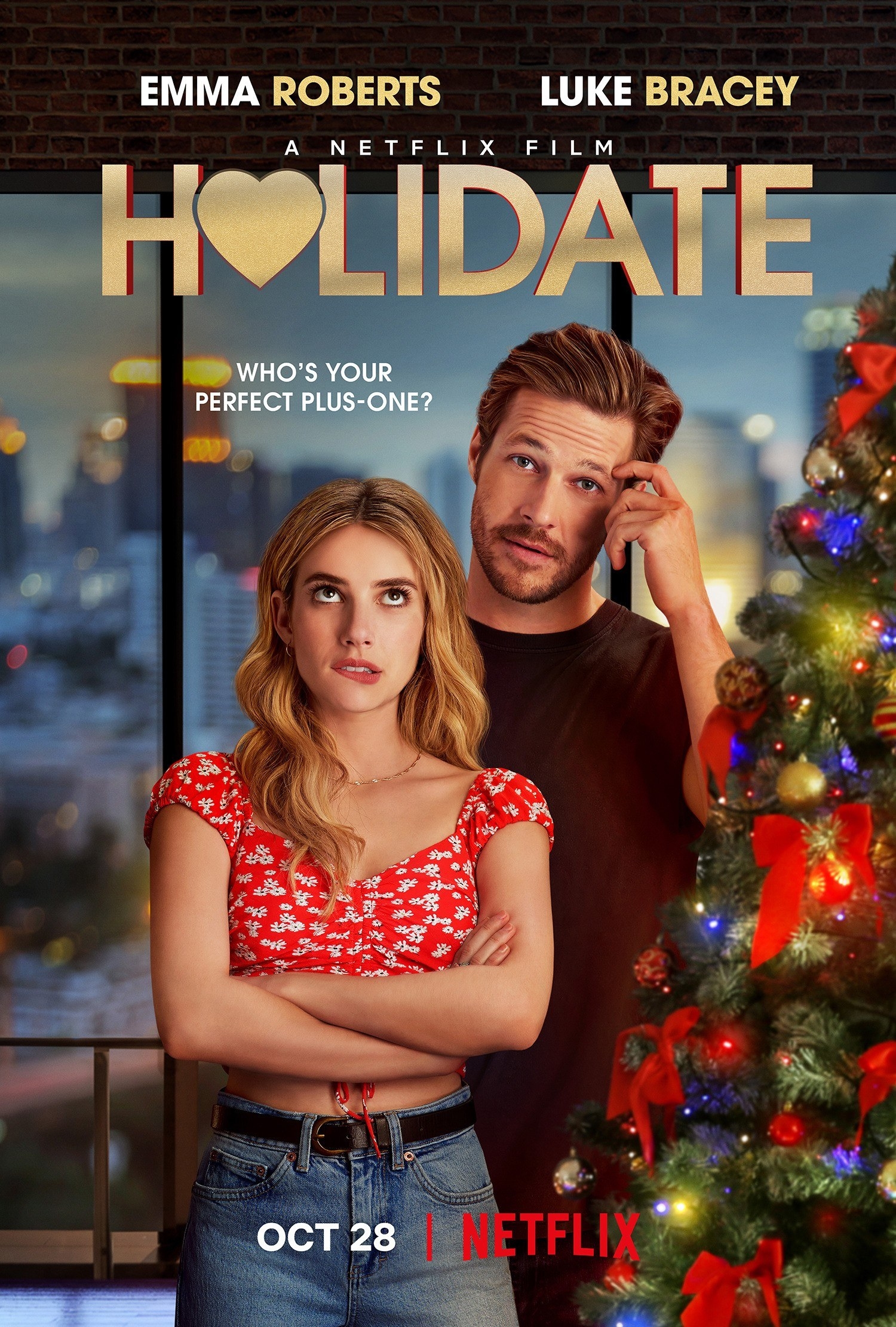 Movie poster for Holidate shows photo of Emma Roberts and Luke Bracey standing in front of a Christmas tree