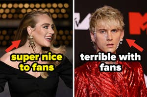 Adele captioned: "super nice to fans" next to Machine Gun Kelly captioned: "terrible with fans"