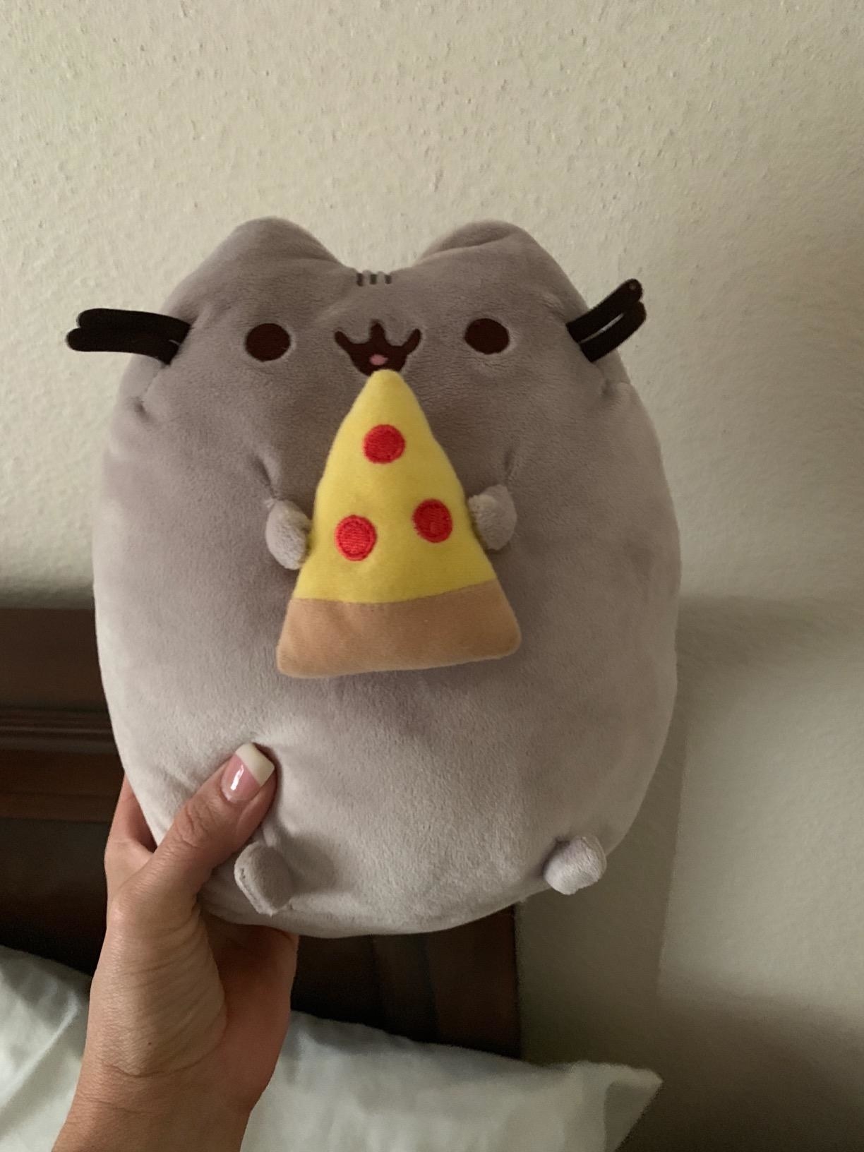A gray pusheen eating a slice of pepperoni pizza
