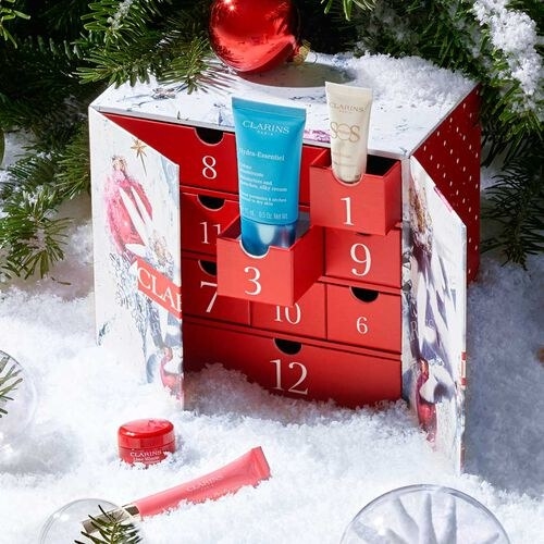 Clarins advent calendar with opened to reveal products inside