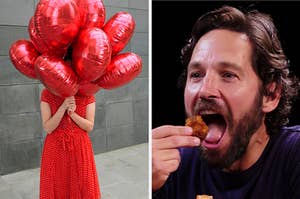 On the left, someone holding balloons that cover their face, and on the right, Paul Rudd eating chicken wings on Hot Ones