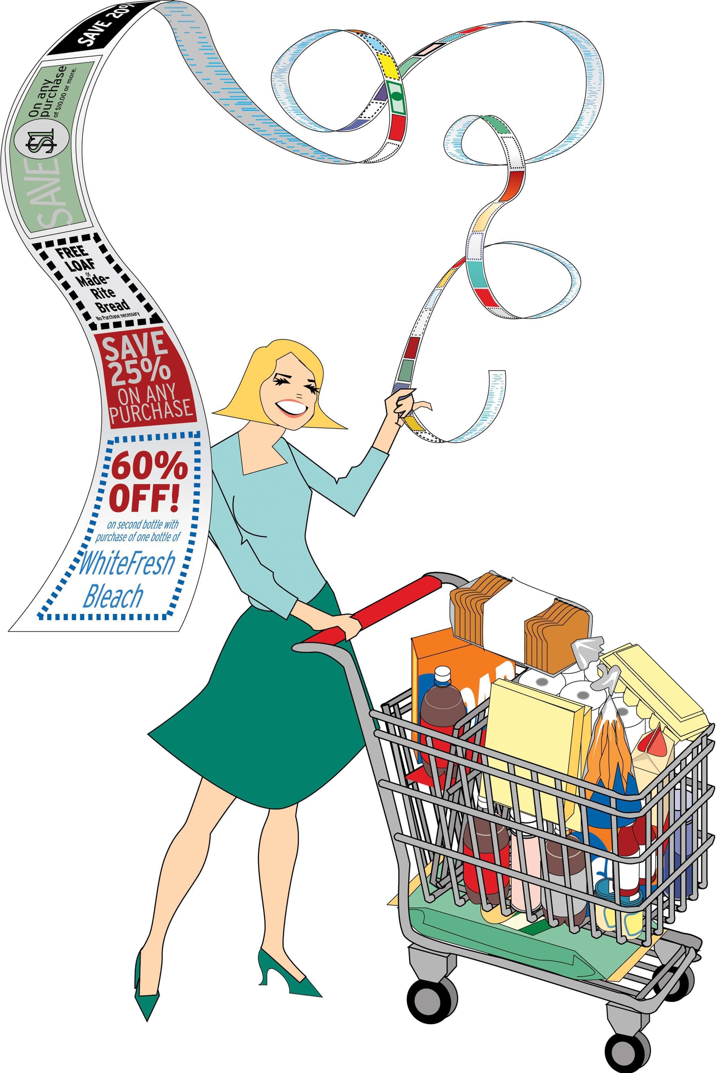 A drawing of a smiling woman with a cart full of groceries and a long receipt with coupons on the back of it