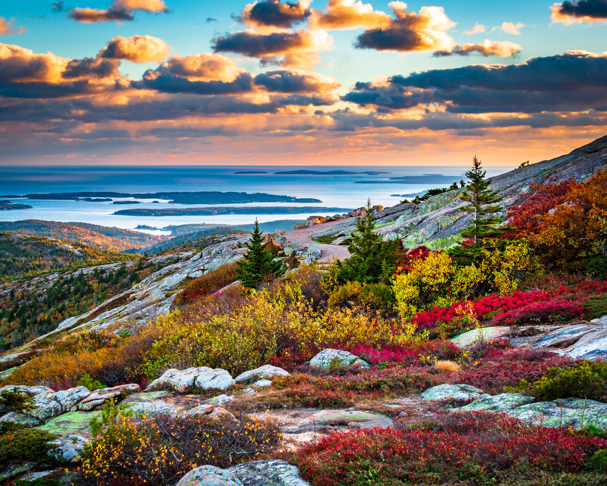 An autumn view from Cadillac Mountain in Acadia National Park in Maine.
