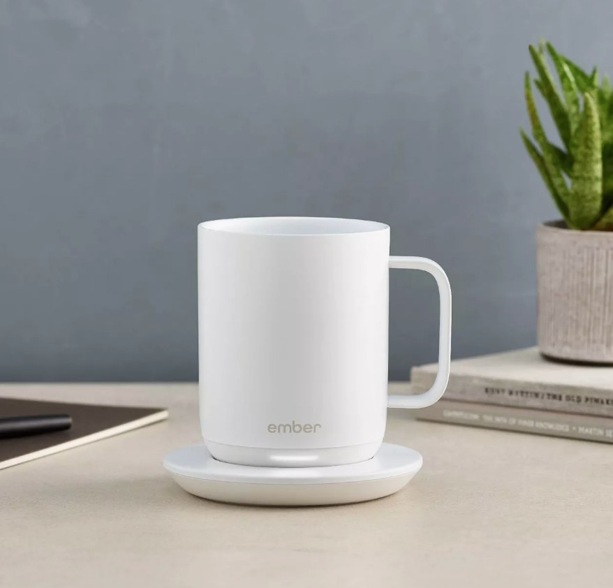A white temperature controlled smart mug