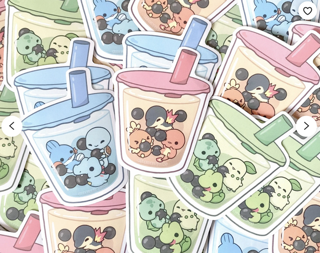 Starter Pokemon of different types playing with boba in boba cups.