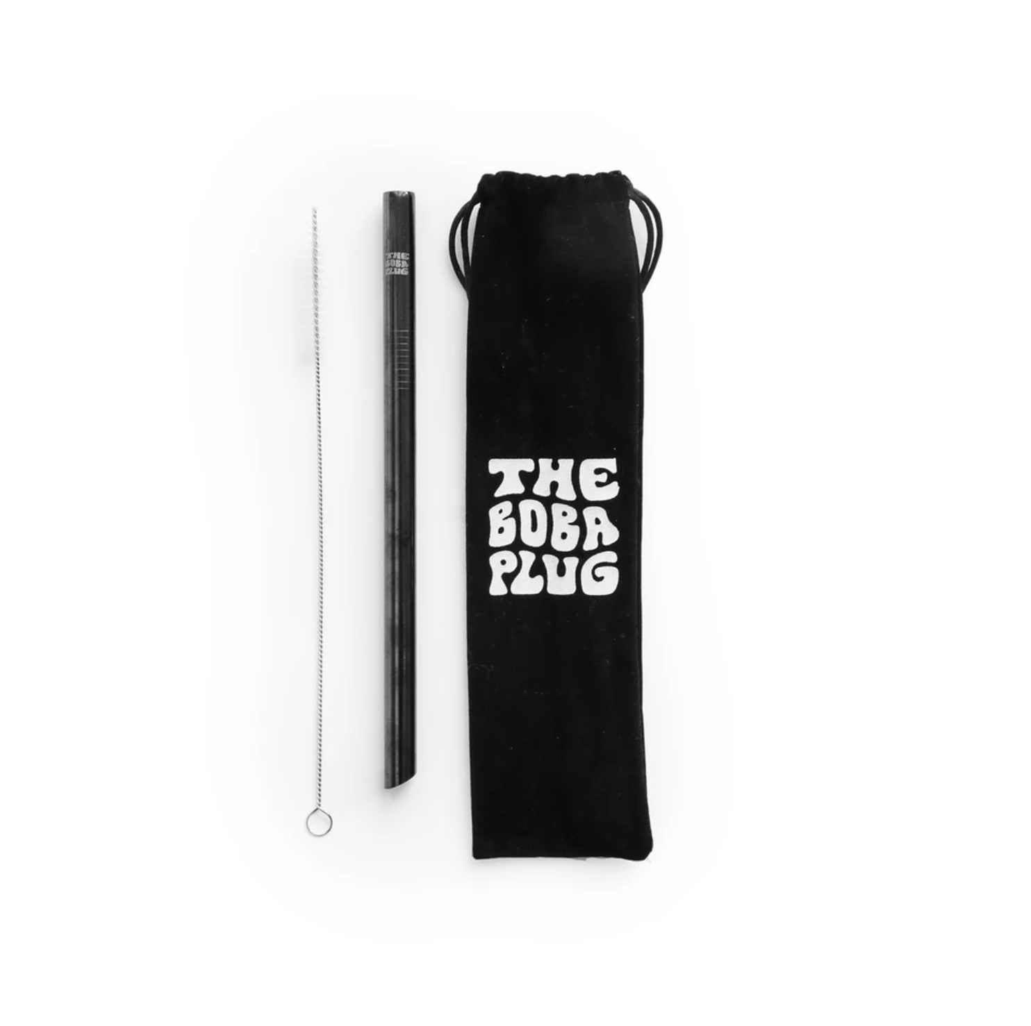 black stainless steel boba straw with cleaner and drawstring bag
