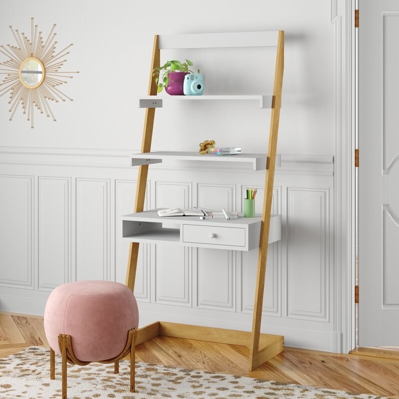 Ladder desk with two white shelves