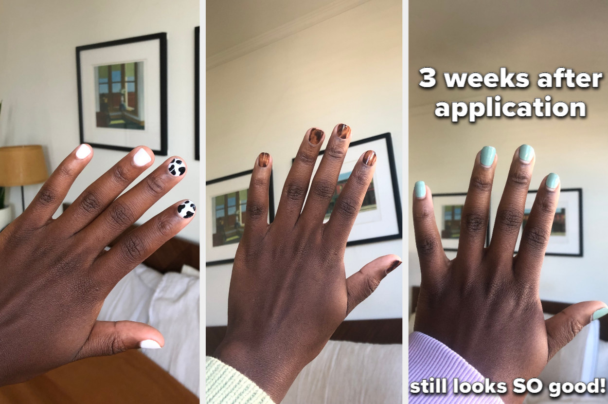 Amanda showing her nails with three different designs. First image is white and cow print, the second image is tortoise shell, and the third is solid teal with text that reads &quot;3 weeks after application. Still looks SO good!&quot;