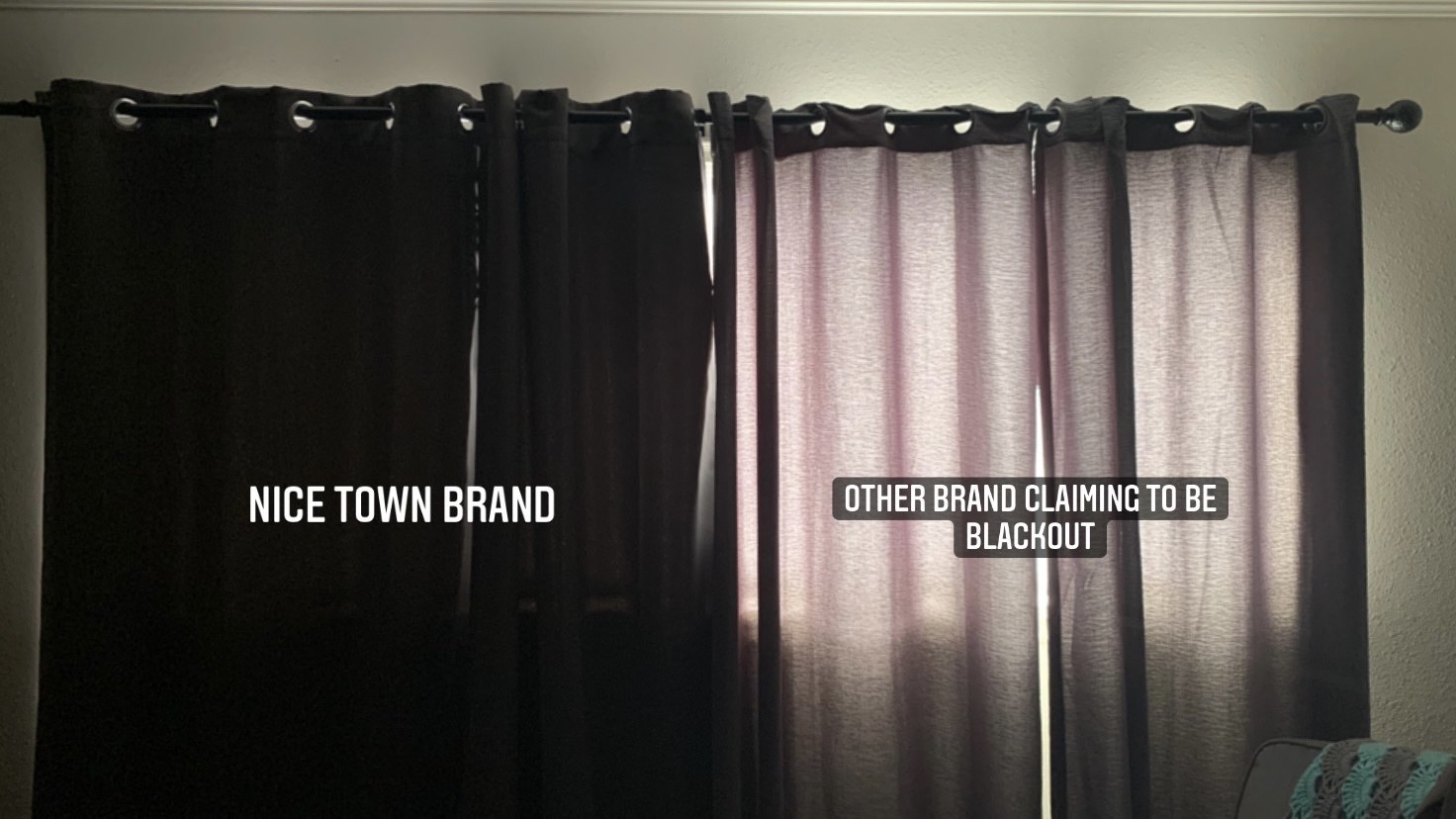two curtains side by side with the nice town brand curtains blocking out almost all the light while the other brand claiming to be blackout curtains lets in a lot of light and looks sheer