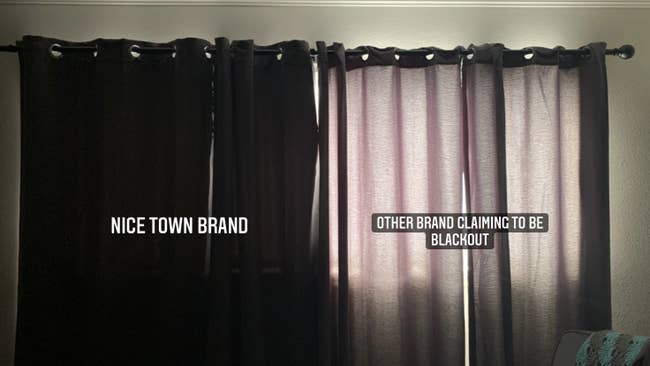 two curtains side by side with the nice town brand curtains blocking out almost all the light while the other brand claiming to be blackout curtains lets in a lot of light and looks sheer