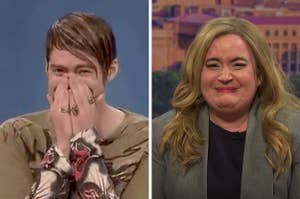 Bill Hader as Stefon and Aidy Bryant breaking character and laughing
