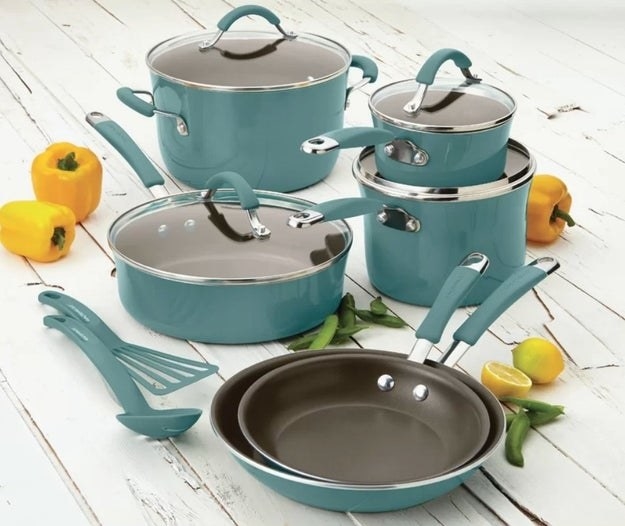 A 12-piece, Rachael Ray cookware set in agave blue