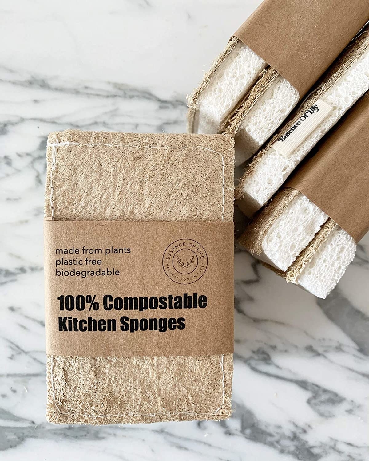 The kitchen sponges on a marble counter