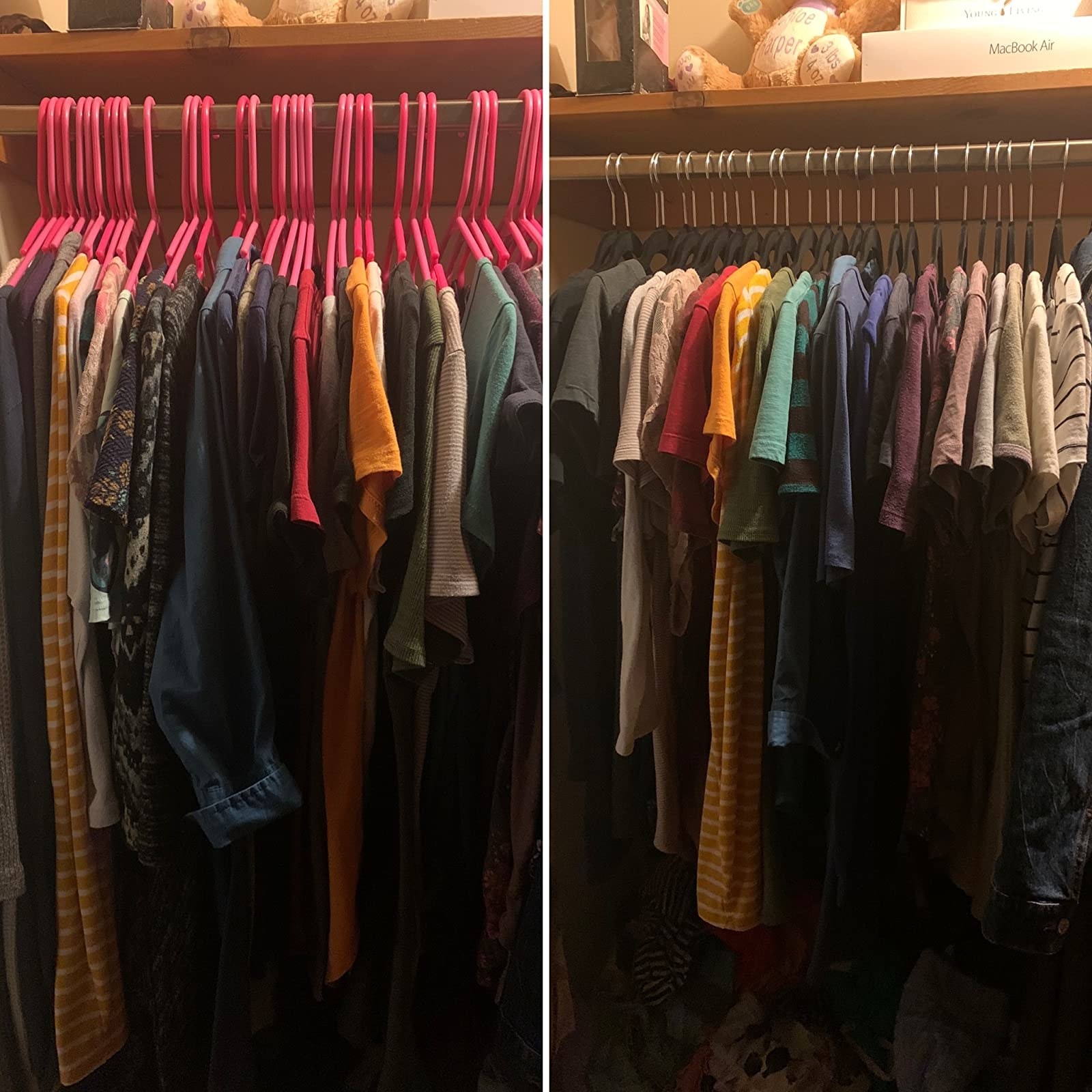 Reviewer before and after showing a closet with clothes hanging on bulky plastic hangers, and the same closet looking much neater with the velvet hangers