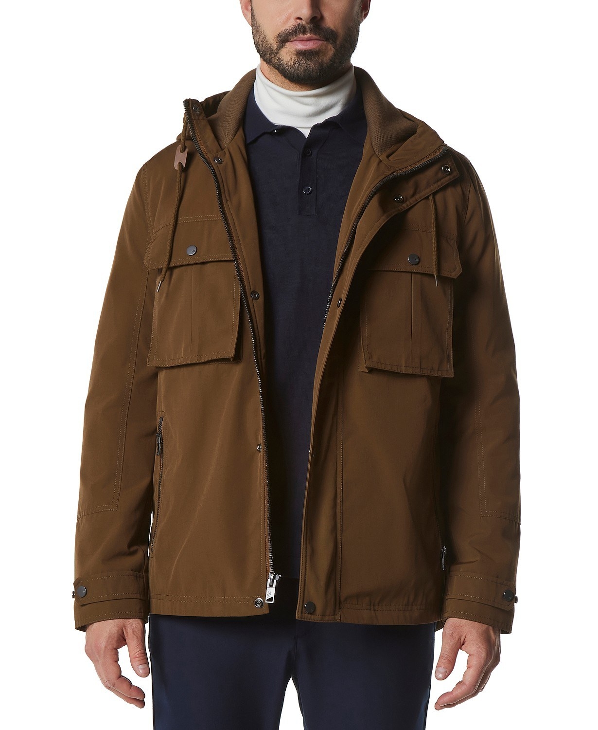 model in brown hooded coat
