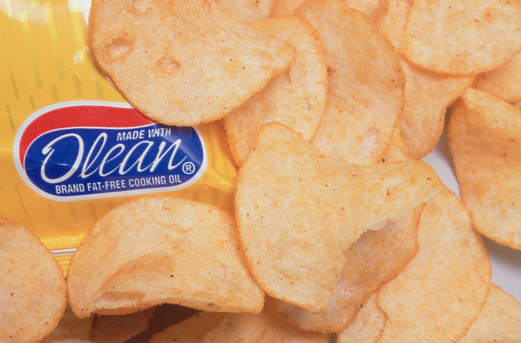 A bag of chips with the label &quot;Made with Olean; Brand fat-free cooking oil&quot;
