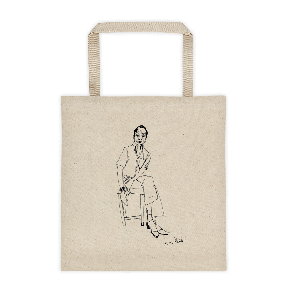 the tote with a james baldwin illustration in it