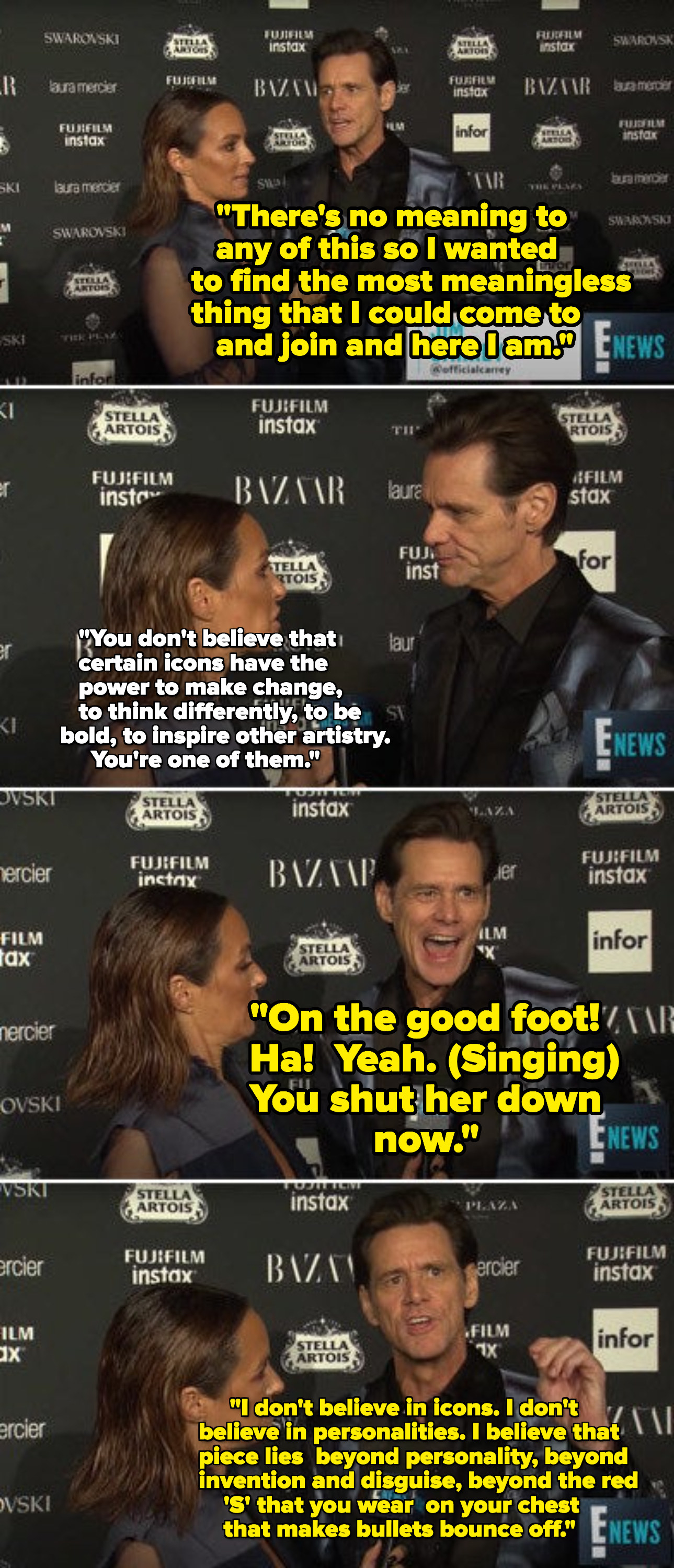 Jim Carrey using a lot of words to say he thinks Fashion Week is meaningless and he doesn&#x27;t believe in icons