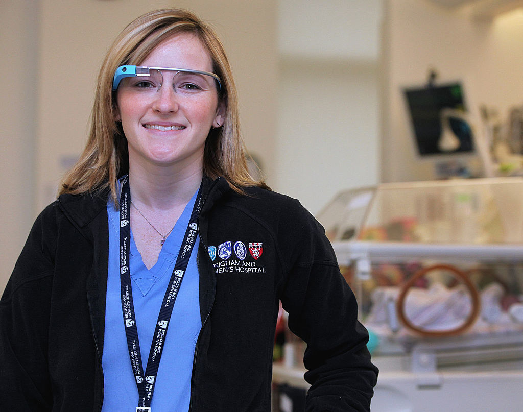 A nurse wears the futuristic-looking Google glasses