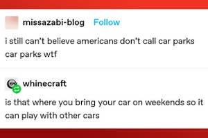 "I still can't believe Americans don't call car parks car parks wtf" and then "Is that where you bring your car on weekends so it can play with other cars"