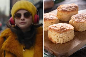 A close up of Mabel Mora as she wears a brightly colored beanie and matching coat with dark sunglasses. And a tray of biscuits