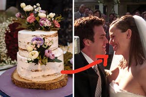 A two tier wedding cake topped with flowers and Jenna and Matt smile at each other on their wedding day in the movie "13 Going On 30"